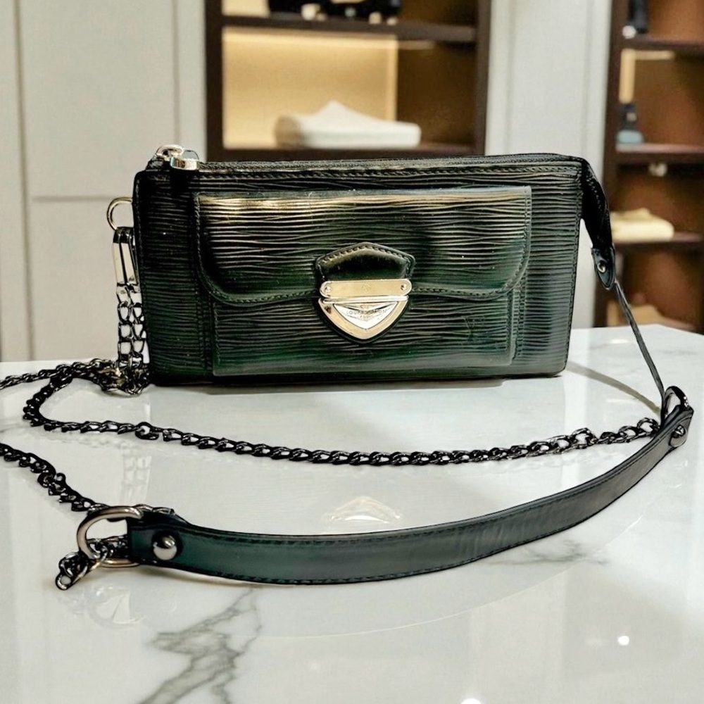 Louis Vuitton Black Epi Buckle front zipper wallet on crossbody chain with COA